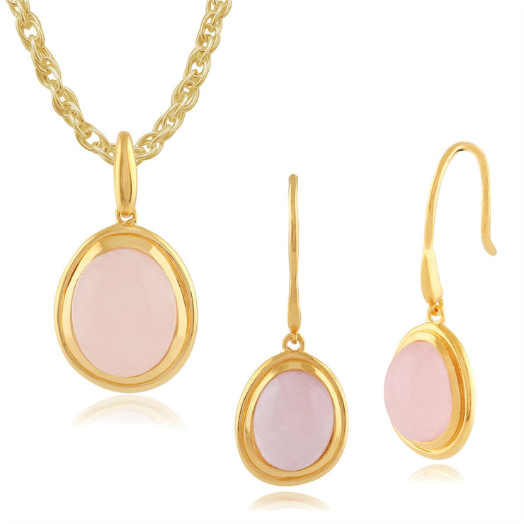 Pendentif et Boucles d'Oreilles Pendantes Boho Argent 925 Plaqué Or Jaune Quartz Rose Oval Serti Clos