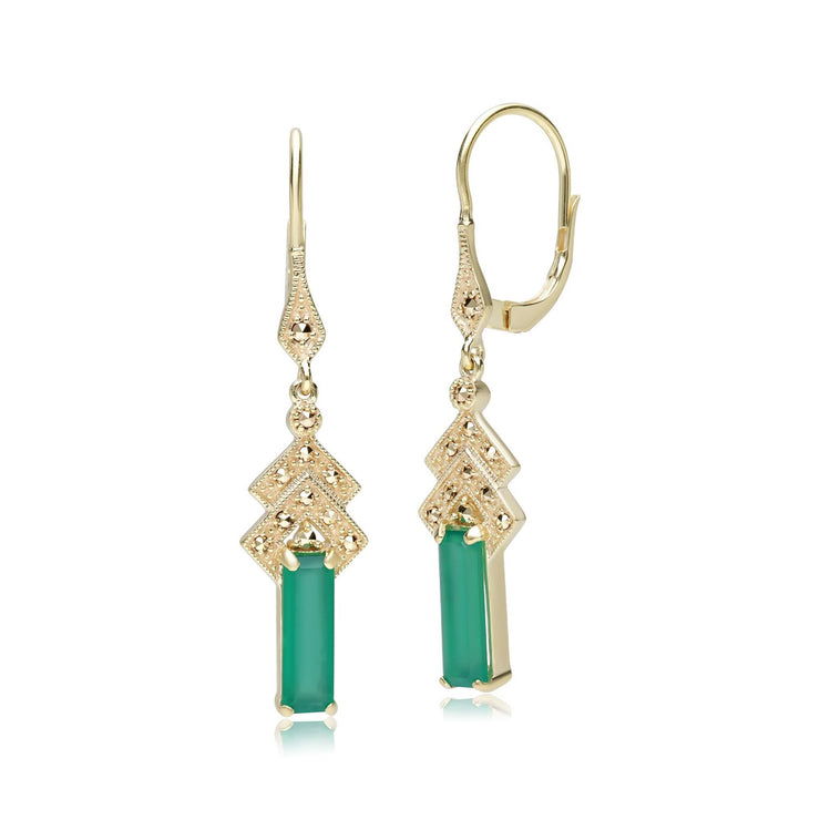 Boucles d'Oreilles Pendantes Style Art Déco Calcédoine Teinte Verte et Marcassite