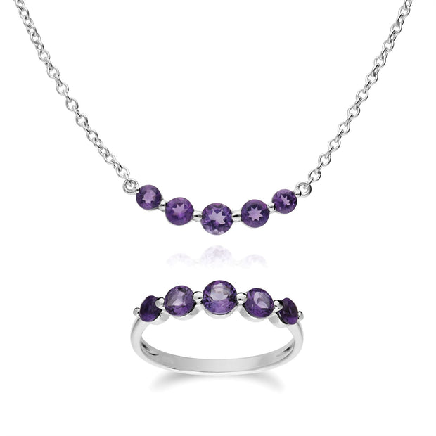 Collier et Bague Classique Argent 925 Améthyste Cinq Pierres