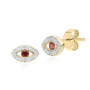 ECFEW™ Boucles d'Oreilles Clou Evil Eye Délicat Grenat et Diamants en Or Jaune 375