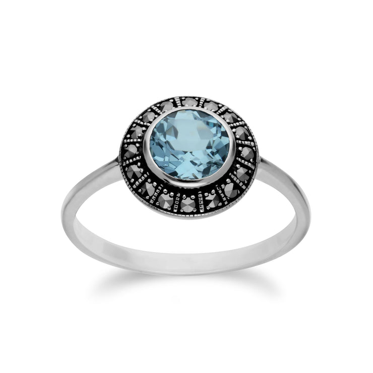 Pendentif et Bague Style Art Déco Argent 925 Topaze Bleue et Marcassite Cluster Rond