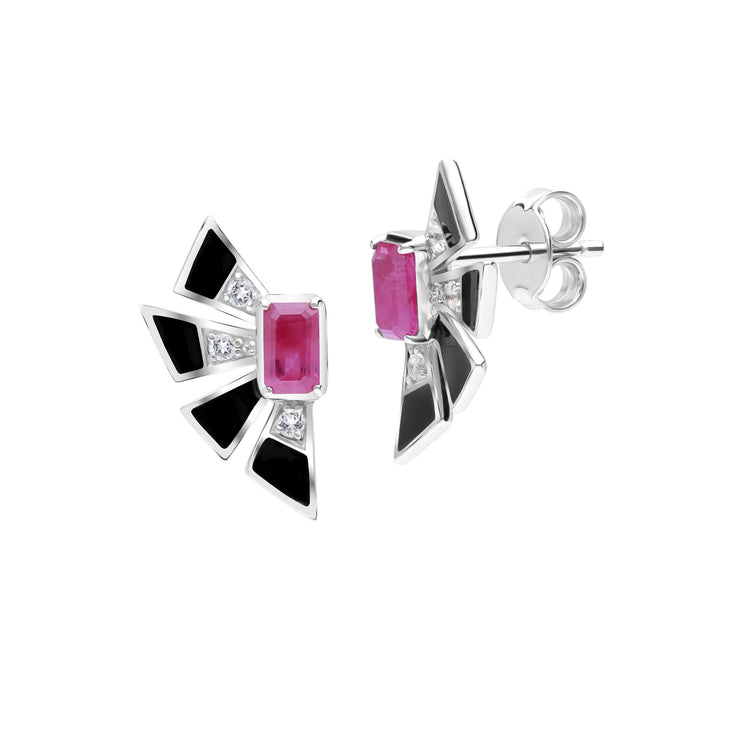 Boucles d'Oreilles Eventail Grand Déco Rubis et Topaze Blanche