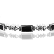 Bracelet Style Art Déco Argent 925 Onyx Noir Rectangulaire et Marcassite