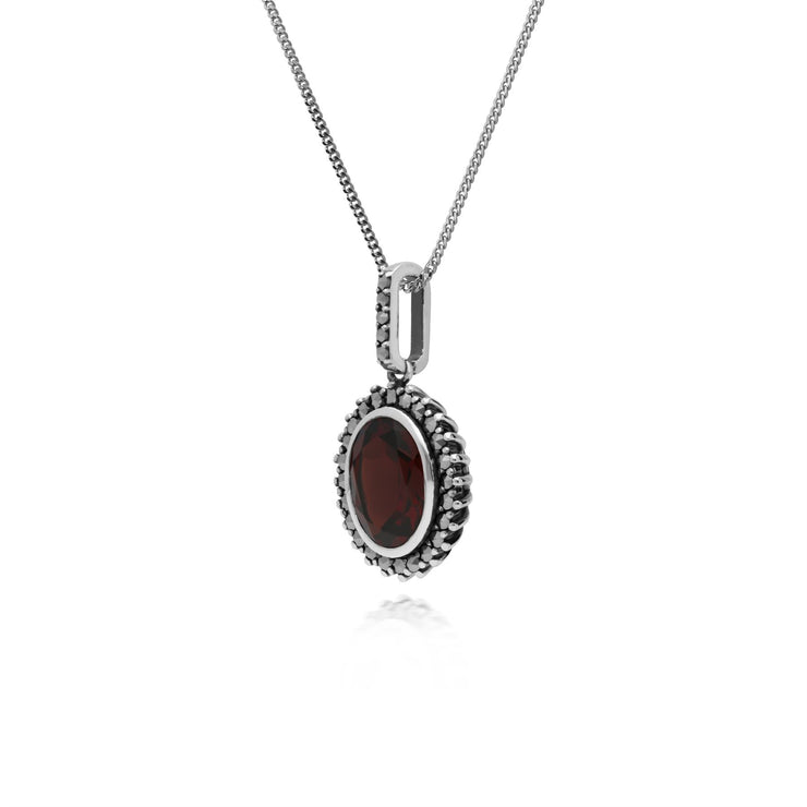 Pendentif Style Art Déco Argent 925 Grenat Oval et Marcassite Halo