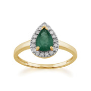 Bague et Pendentif Classique Or Jaune 375 Emeraude Poire et Diamant Halo