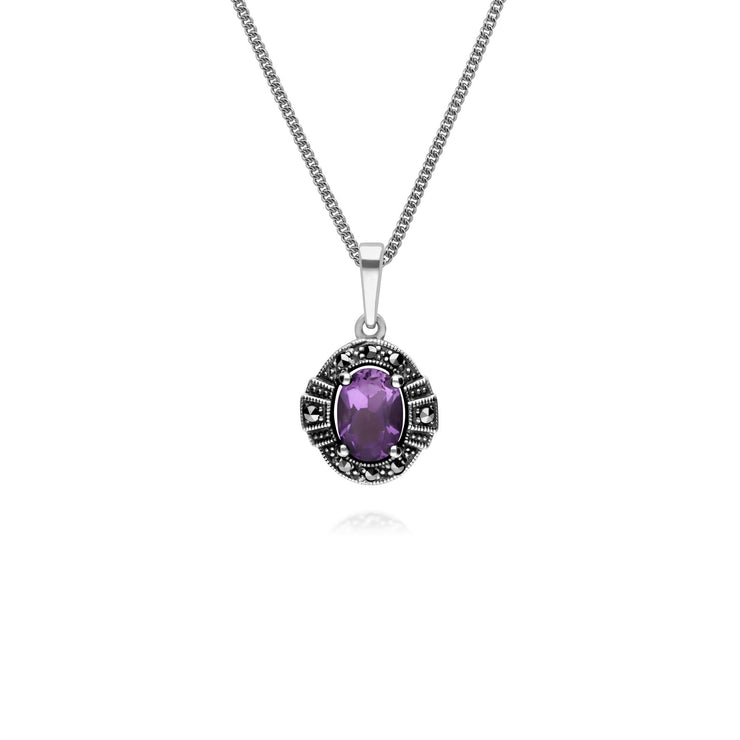 Argent Sterling Ovale Amethyst And Marcassite Serti 45cm Collier