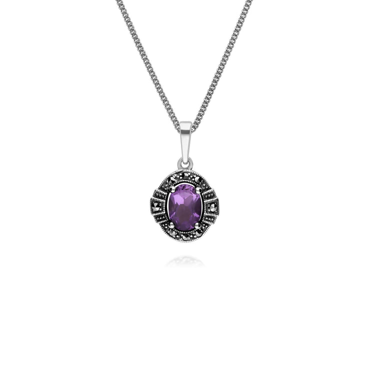 Argent Sterling Ovale Amethyst And Marcassite Serti 45cm Collier