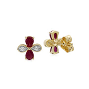 Rubis Boucles D'Oreilles, 9 CT Rubis or Jaune & Diamant Floral Boucles D'Oreilles
