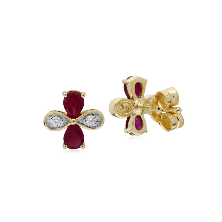 Rubis Boucles D'Oreilles, 9 CT Rubis or Jaune & Diamant Floral Boucles D'Oreilles