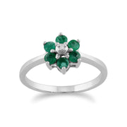 Boucles d'Oreilles Pendantes et Bague Floral Or Blanc 375 Emeraude et Diamant