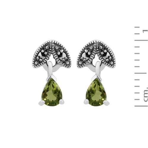 Boucles d'Oreilles Pendantes Style Art Nouveau Argent 925 Péridot Poire et Marcassite