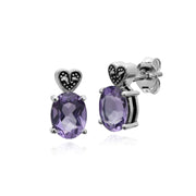 Pendentif et Boucles d'Oreilles Clou Style Art Déco Argent 925 Améthyste Ovale et Marcassite