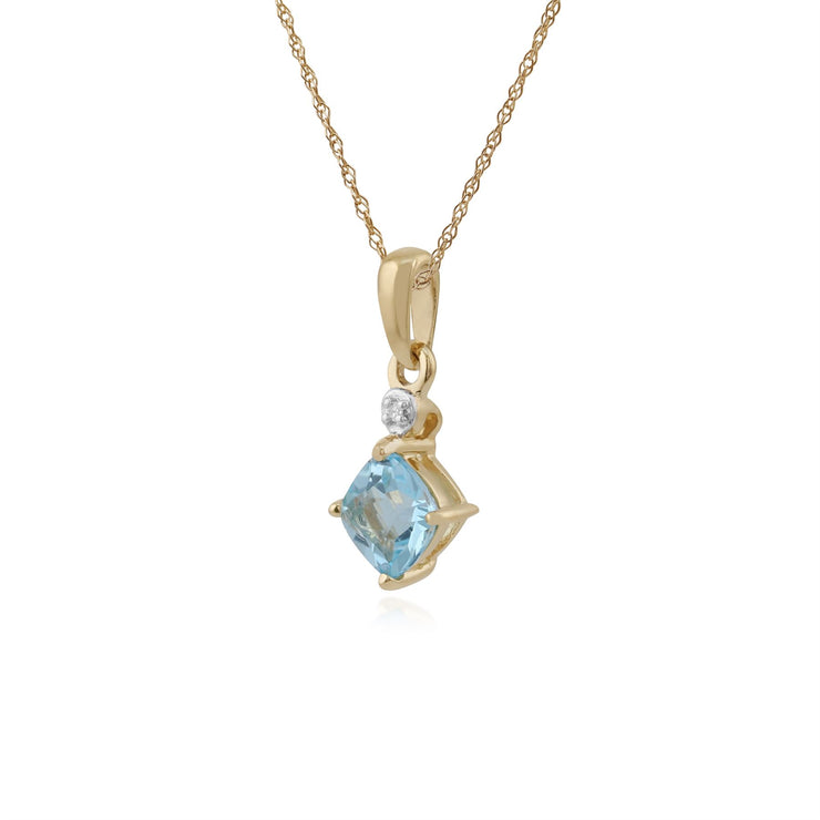 Pendentif Classique Or Jaune 375 Topaze Bleue Carrée et Diamant