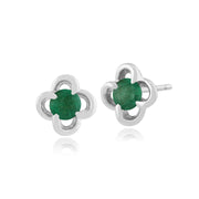 Boucles d'Oreilles Clou Floral Or Blanc 375 Emeraude Ronde et Diamant Style Halo