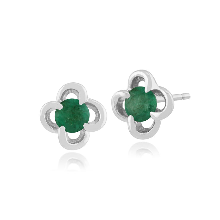 Boucles d'Oreilles Clou Floral Or Blanc 375 Emeraude Ronde et Diamant Style Halo