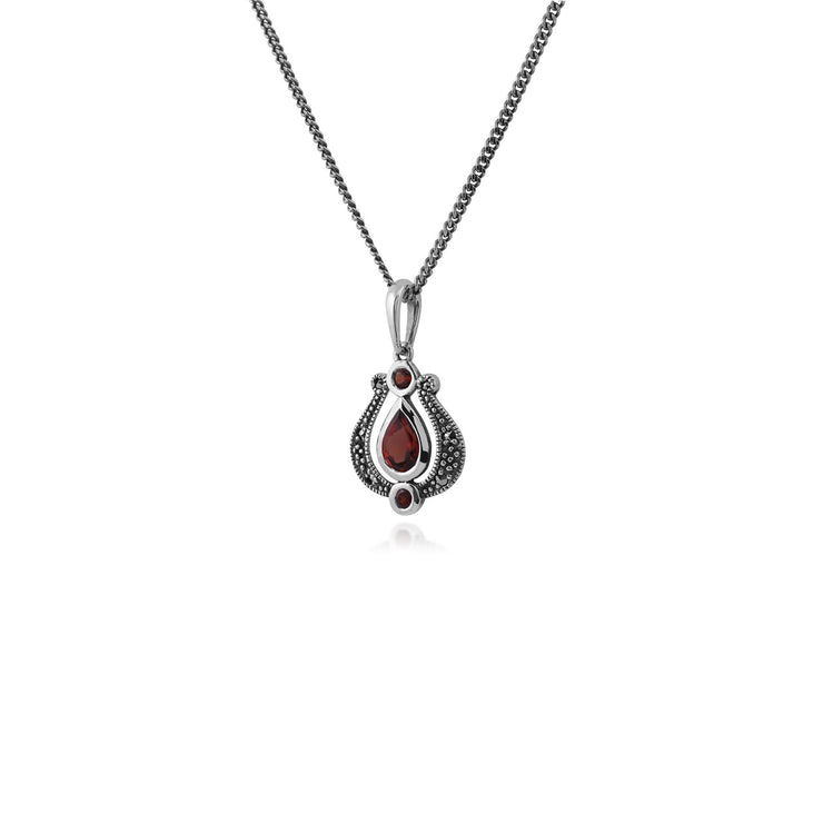 Collier Tulipe Style Art Nouveau Argent 925 Grenat Poire et Marcassite
