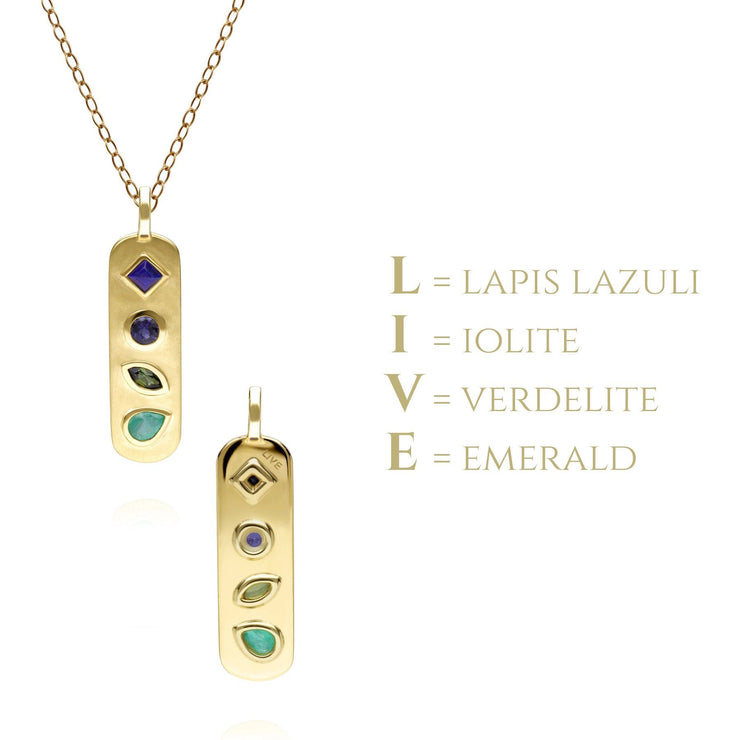 Pendentif Coded Whispers 'Live' Or Brossé et Pierres Précieuses