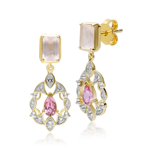 Boucles d'Oreilles Pendantes ECFEW™ 'The Creator' Quartz Rose, Tourmaline et Topaze Blanche