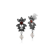 Boucles d'Oreilles Pendantes Style Art Nouveau Argent 925 Grenat, Perle et Marcassite