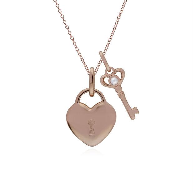 Pendentif Classique Cadenas Cœur Argent 925 Plaqué Or Rose et Charms Clé Perle