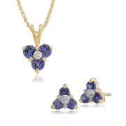 Boucles d'Oreilles Clou et Pendentif Floral Or Jaune 375 Tanzanite et Diamant