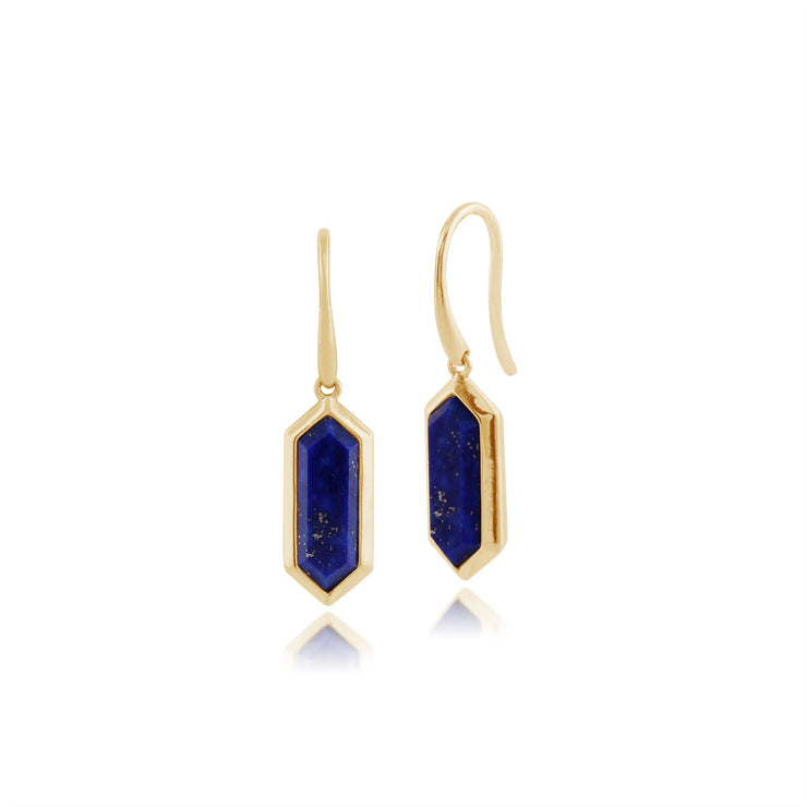 Boucles d'Oreilles Pendantes Géométrique Argent 925 Plaqué Or Lapis Lazuli Prisme Hexagonal