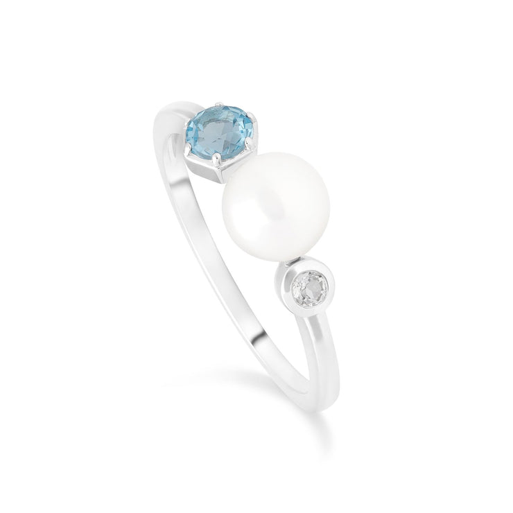 Bague Moderne Ouverte Argent 925 Perle et Topaz Bleu