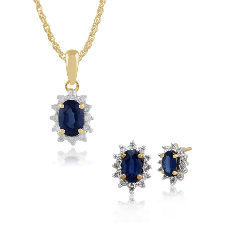 Pendentif et Boucles d'Oreilles Clou Classique Or Jaune 375 Saphir Oval et Diamant