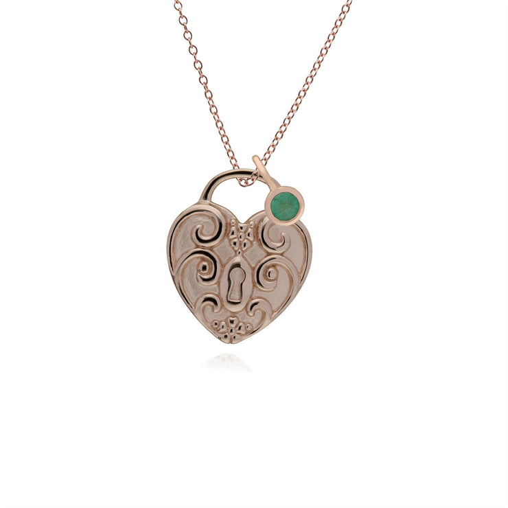 Pendentif Classique Cadenas Cœur Torsadé Argent 925 Plaqué Or Rose et Charms Emeraude