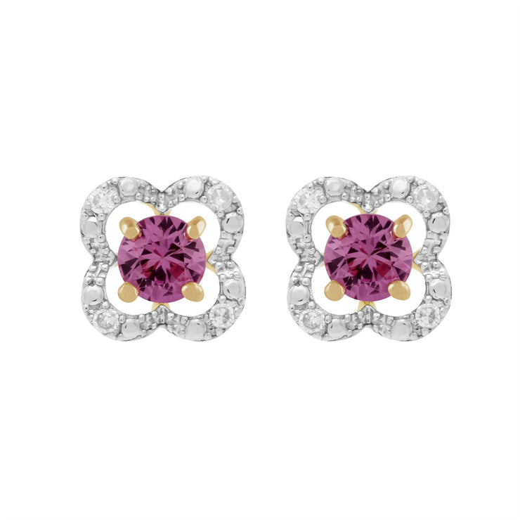 Boucles d'Oreilles Clou Saphir Rose Classique Or Jaune 375 et Ear-Jacket Fleur Diamant