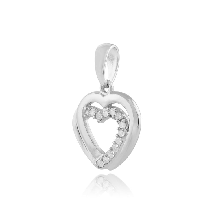 Pendentif et Boucles d'Oreilles Pendantes  Double Cœur Classique Or Blanc 375 Diamant Rond