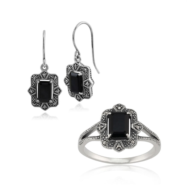 Boucles d'Oreilles Pendantes et Bague Style Art Déco Argent 925 Spinelle Noir Baguette et Marcassite Sertis Clos