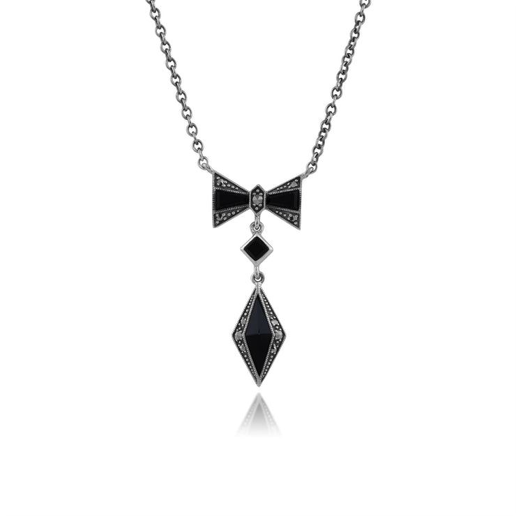 Collier et Boucles d'Oreilles Pendantes Style Art Déco Argent 925 Onyx Noire et Marcassite
