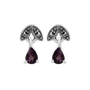 Boucles d'Oreilles Pendantes Style Art Nouveau Argent 925 Améthyste Poire et Marcassite