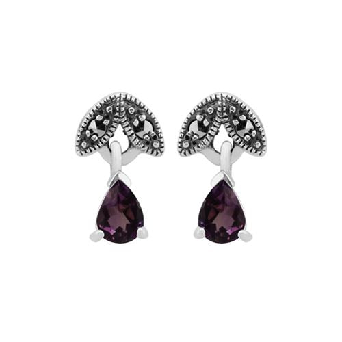 Boucles d'Oreilles Pendantes Style Art Nouveau Argent 925 Améthyste Poire et Marcassite