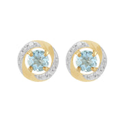 Boucles d'Oreilles Clou Aigue-Marine Classique Or Jaune 375 et Ear-Jacket Halo Diamant