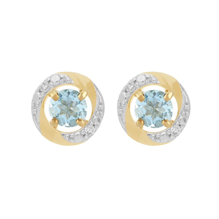 Boucles d'Oreilles Clou Aigue-Marine Classique Or Jaune 375 et Ear-Jacket Halo Diamant