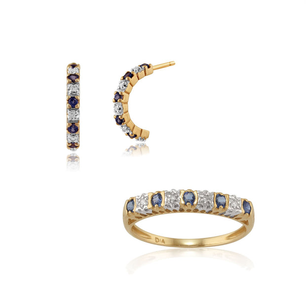Boucles d'Oreilles Demi Créoles et Bague Demi-Eternité Classique Or Jaune 375 Saphir Rond et Diamant