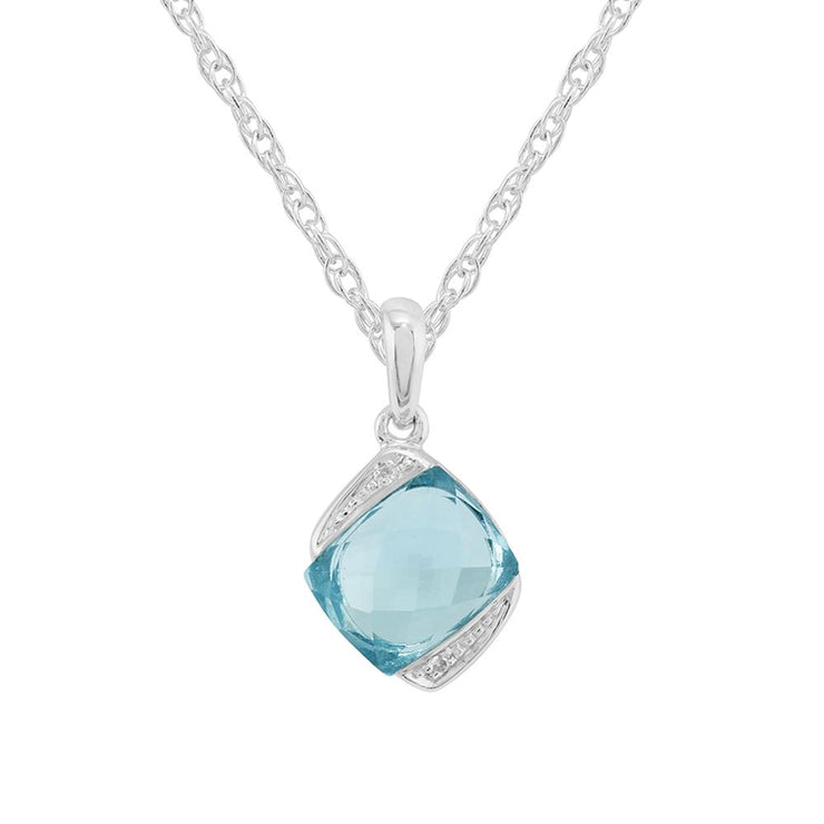 Argent Sterling 2.30ct Coupe Coussin Naturel Topaze Bleu Et Diamant pendentif sur chaîne