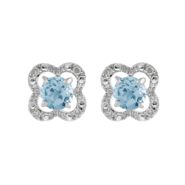 Boucles d'Oreilles Clou Topaze Bleue Classique Or Blanc 375 et Ear-Jacket Fleur Diamant