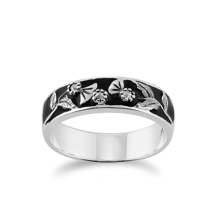 Bague florale Chardon  en argent sterling 925 avec marcassite et émail noir