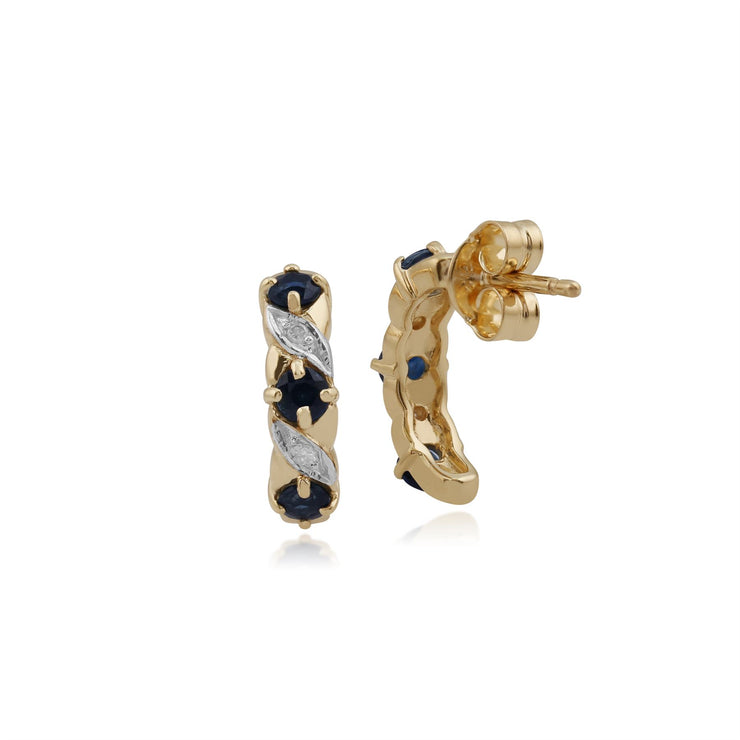 Boucles d'Oreilles Demi Créoles Classique Or Jaune 375 Saphir Rond et Diamant