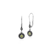 Boucles d'Oreilles Pendantes Style Art Déco Argent 925 Péridot Rond, Marcassite et Email