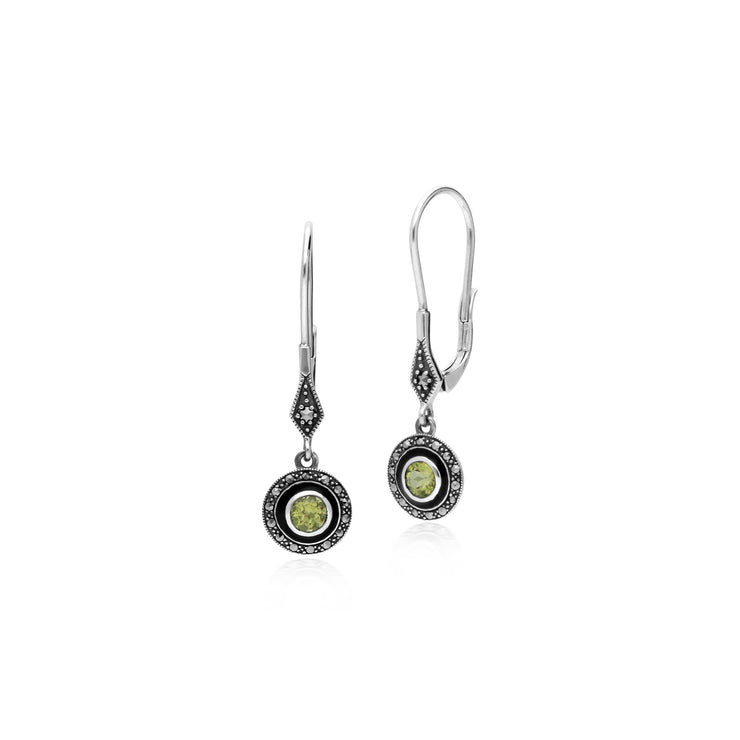 Boucles d'Oreilles Pendantes Style Art Déco Argent 925 Péridot Rond, Marcassite et Email