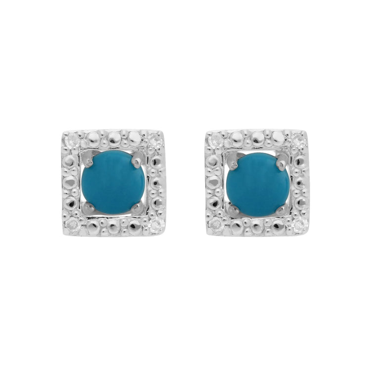 Boucles d'Oreilles Clou Turquoise Classique Or Blanc 375 et Ear-Jacket Carré Diamant
