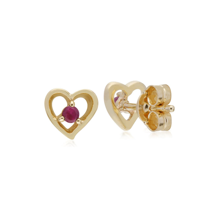 Rubis Boucles D'Oreilles, 9 CT or Jaune Rubis Pierre Unique Boucles D'Oreilles Puces Coeur