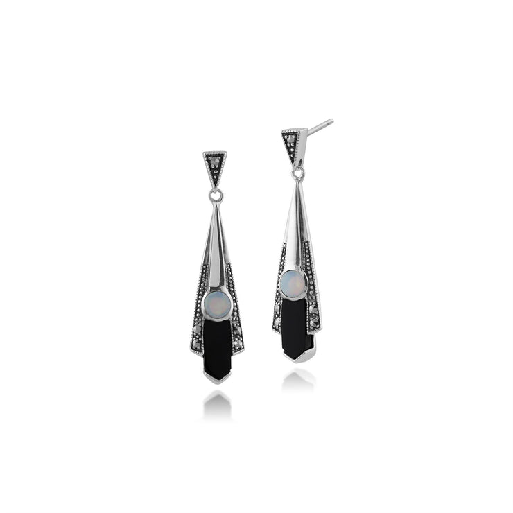 Boucles d'Oreilles Pendantes Style Art Déco Eventail Argent 925 Onyx Noire, Opale et Marcassite