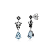 Topaze Boucles D'Oreilles, Argent Sterling Topaze Bleu & Marcassite Poire Art Nouveau Boucles D'Oreilles Goutte