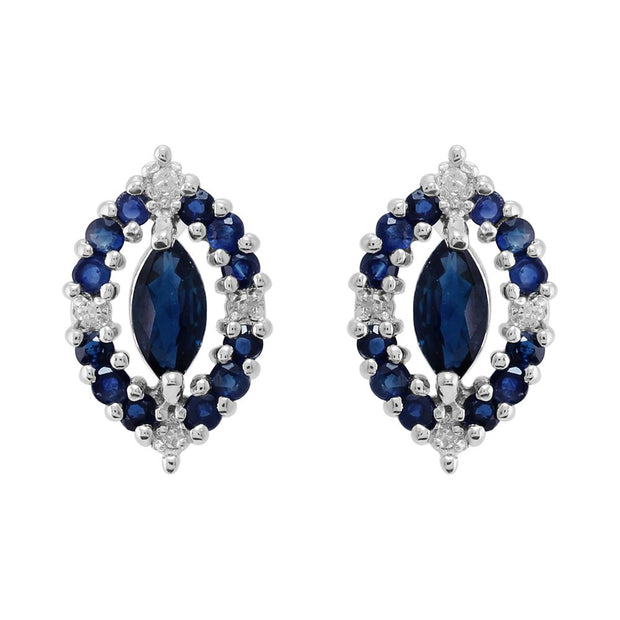Boucles d'Oreilles Clou Classique Argent 925 Saphir Marquise et Diamant Style Cluster