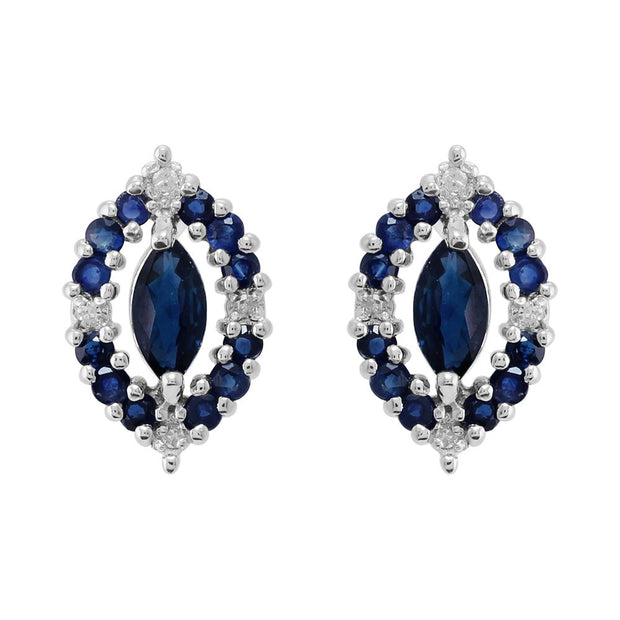 Boucles d'Oreilles Clou Classique Argent 925 Saphir Marquise et Diamant Style Cluster
